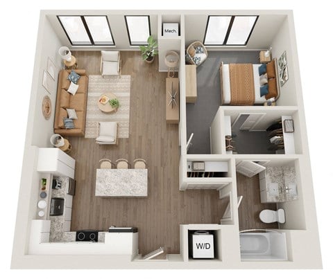Floor plan for 1 bed, 1 bath, 714 sqft